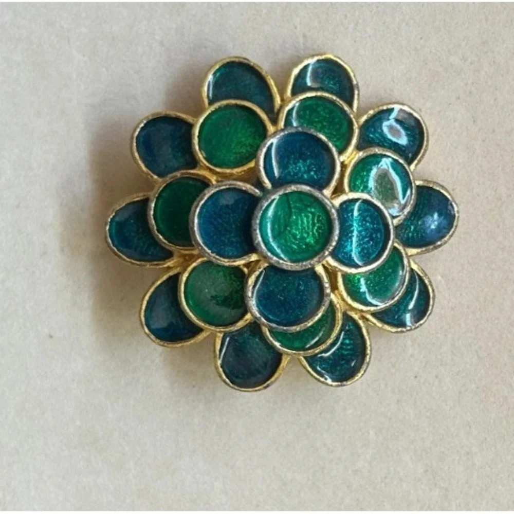 Vintage Green Enamel Flower Brooch Pin Layered Floral Gold Tone Mid Century Deco